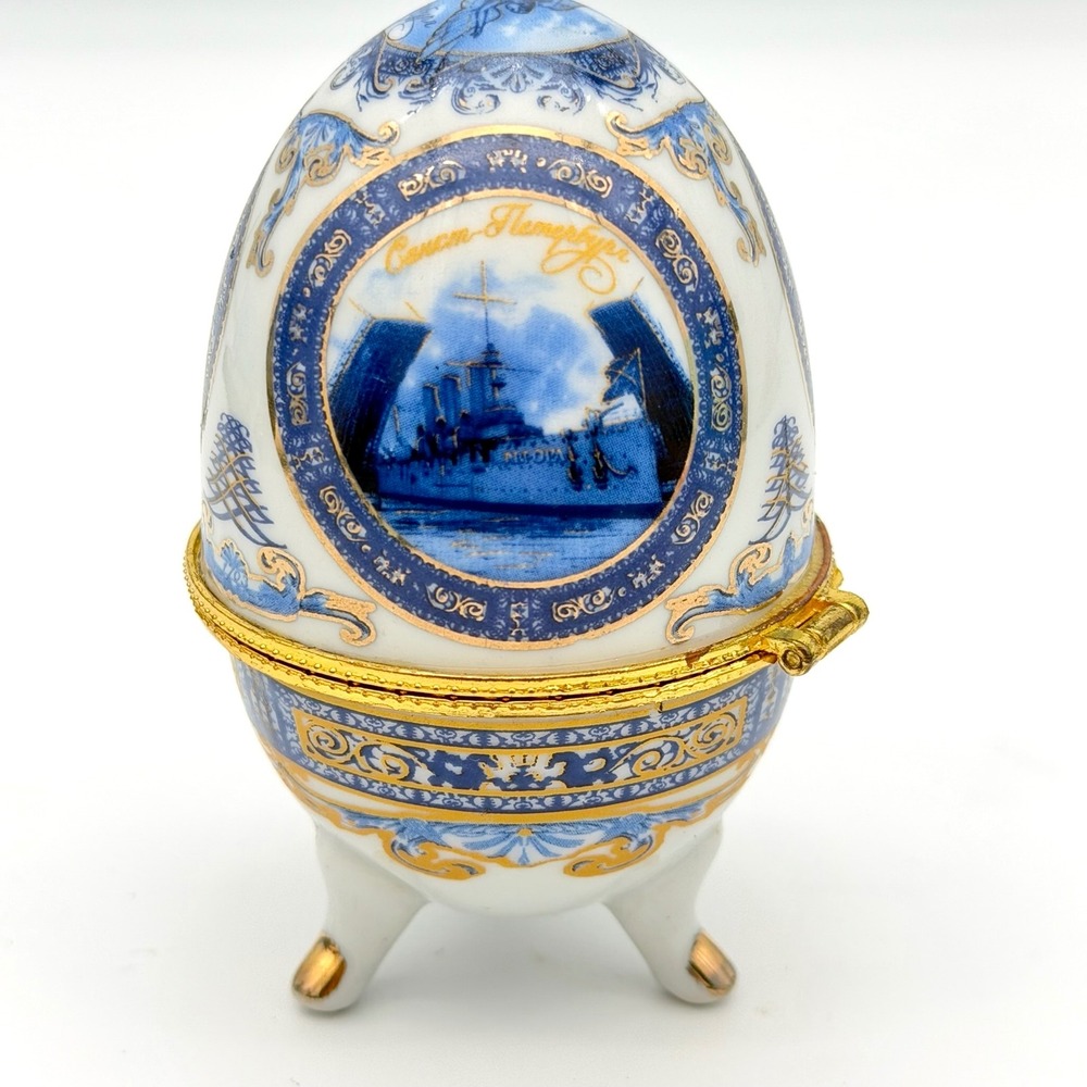 St Petersburg Egg‎ Trinket Box Porcelain Traditional Blue Gold Tone Footed